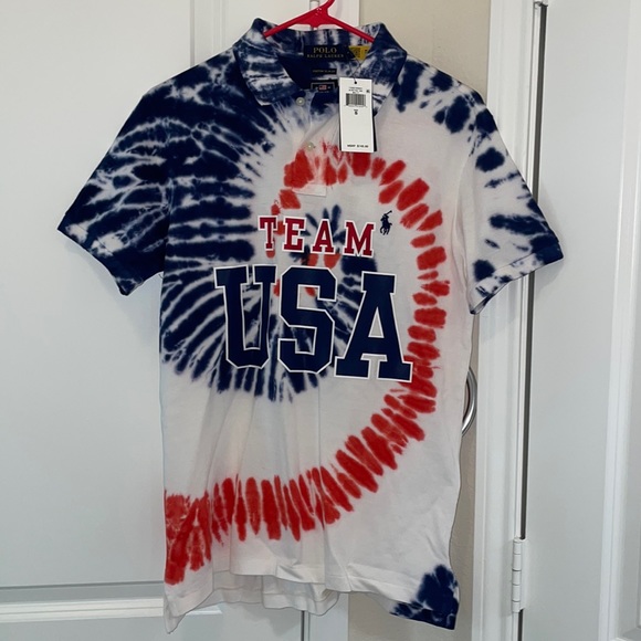 Ralph Lauren Men's Olympic Team USA Flag Slim Fit Tie Dye Mesh Polo Shirt